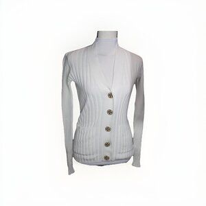 Tory Burch Simone Cardigan Sweater Slim Size XS Ribbed Cotton V Neck Gold Logo